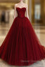 Burgundy Tulle Prom Dress Strapless Beading Fromal Dresses