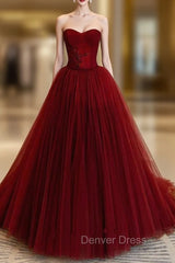 Burgundy Tulle Prom Dresses Strapless Beading Fromal Dresses