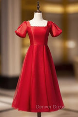 Burgundy Tulle Puff Sleeve Backless Pearls Prom Dresses