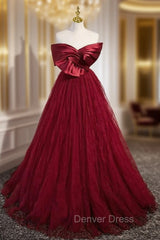 Burgundy Tulle Satin Off the Shoulder Prom Dresses