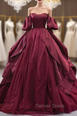 Burgundy Tulle Satin Puff Sleeve Prom Dresses