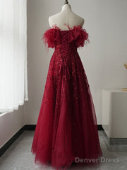 Burgundy Tulle Sequin Long Prom Dress, Burgundy Evening Dress