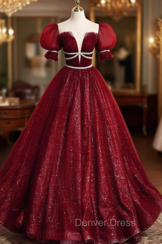 Burgundy Tulle Sequin Long Prom Dresses, Burgundy Formal Evening Dresses Main image