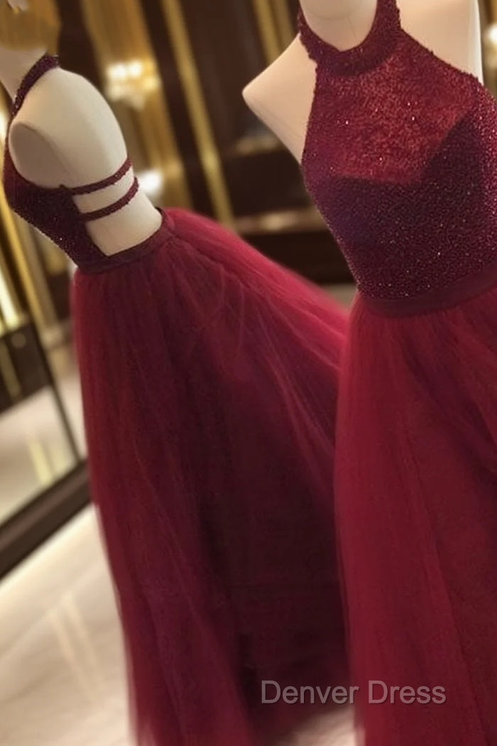 Burgundy Tulle Sequin Long Prom Dress, Cute Prom Dresses For Teens