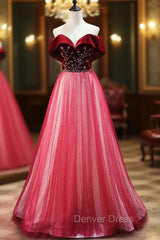 Burgundy Tulle Sequins Bead Off the Shoulder Prom Dresses