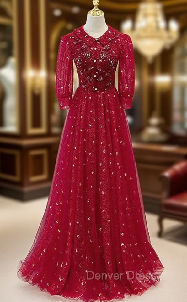 Burgundy Tulle Sequins Beading Short Sleeve Prom Dresses