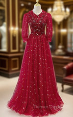 Burgundy Tulle Sequins Beading Short Sleeve Prom Dresses