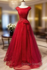 Burgundy Tulle Sequins Cap Sleeve Pleats Prom Dresses