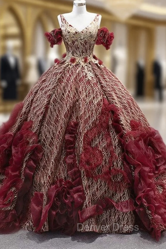 Burgundy Tulle Sequins Flower V Neck Prom Dresses