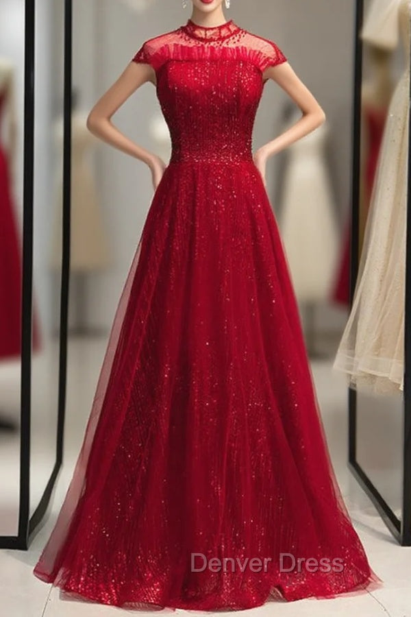 Burgundy Tulle Sequins High Neck Cap Sleeve Prom Dresses