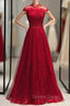 Burgundy Tulle Sequins High Neck Cap Sleeve Prom Dresses