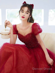 Burgundy Tulle Sequins Long Prom Dress, A-Line Scoop Neckline Evening Party Dress