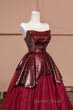 Burgundy Tulle Sequins Long Prom Dresses, A-Line Strapless Evening Party Dresses