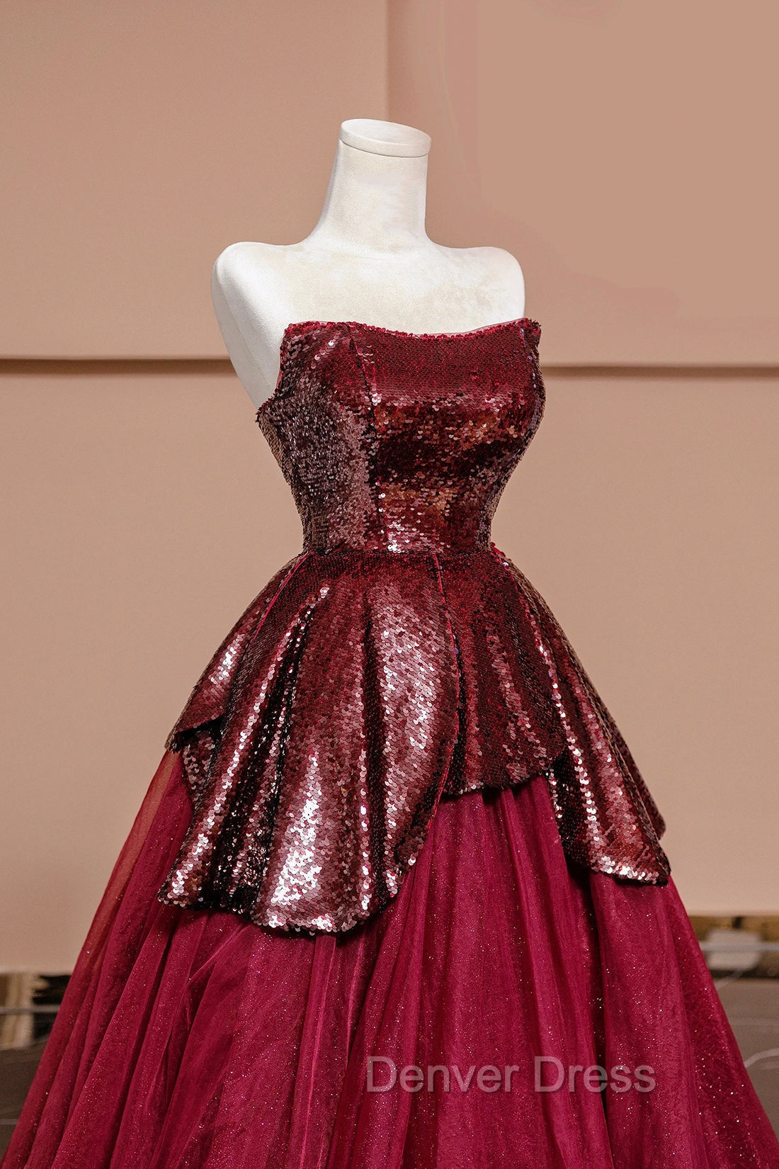 Burgundy Tulle Sequins Long Prom Dresses, A-Line Strapless Evening Party Dresses