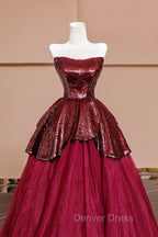 Burgundy Tulle Sequins Long Prom Dresses, A-Line Strapless Evening Party Dresses