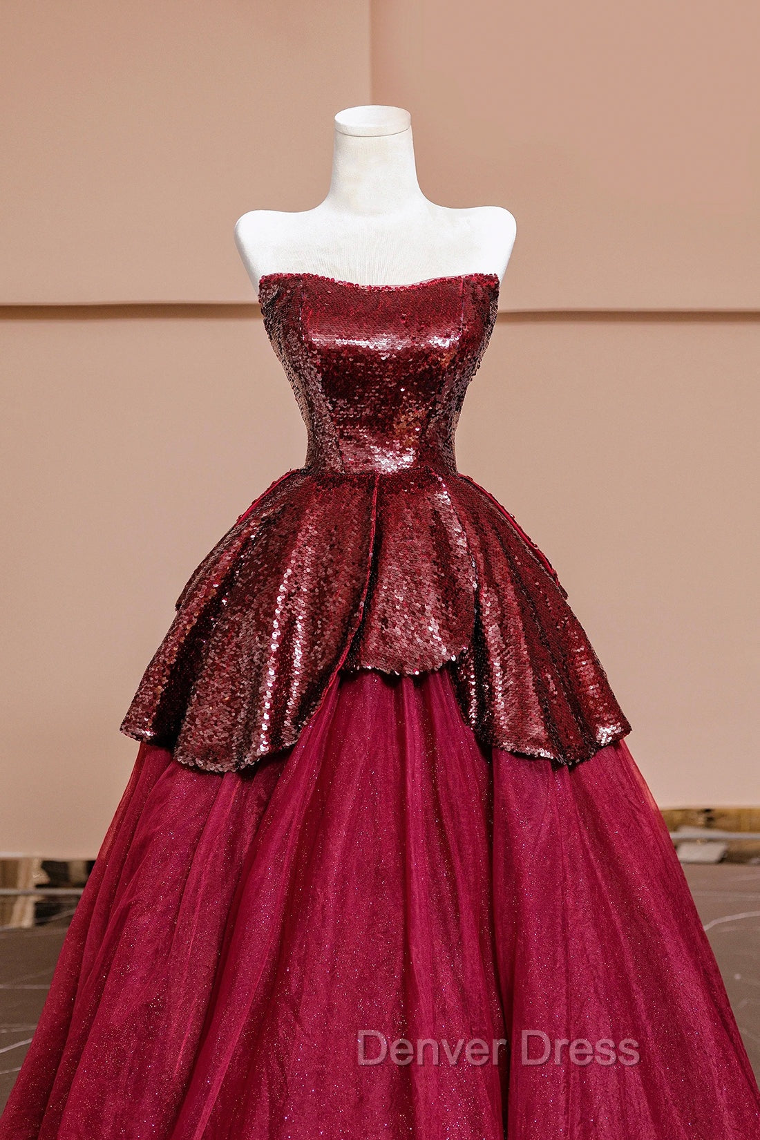 Burgundy Tulle Sequins Long Prom Dresses, A-Line Strapless Evening Party Dresses