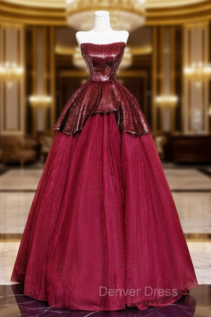 Burgundy Tulle Sequins Long Prom Dresses, A-Line Strapless Evening Party Dresses