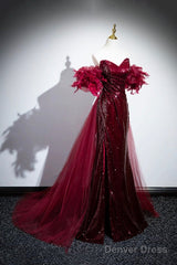 Burgundy Tulle Sequins Long Prom Dress, Burgundy Evening Party Dress