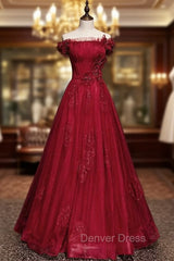 Burgundy Tulle Sequins Off the Shoulder Pleats Prom Dresses