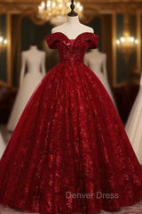 Burgundy Tulle Sequins Off the Shoulder Quinceanera Dresses