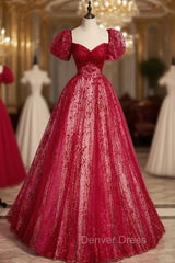 Burgundy Tulle Sequins Puff Sleeve Prom Dresses
