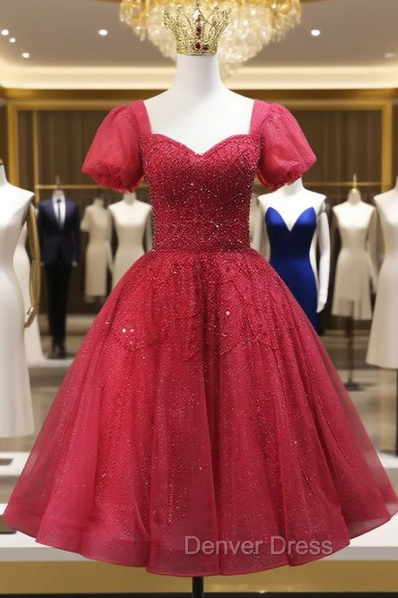 Burgundy Tulle Sequins Short Sleeve Beading Homecoming Dresses
