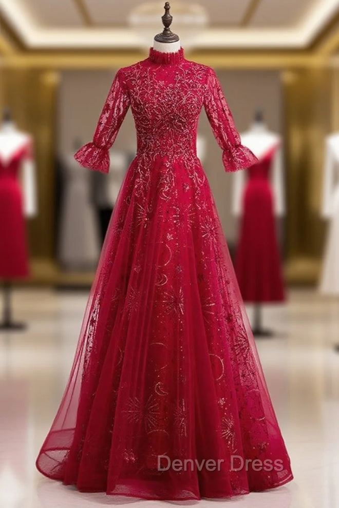 Burgundy Tulle Sequins Short Sleeve Beading Prom Dresses