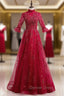 Burgundy Tulle Sequins Short Sleeve Beading Prom Dresses