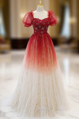 Burgundy Tulle Sequins Short Sleeve Square Beading Prom Dresses