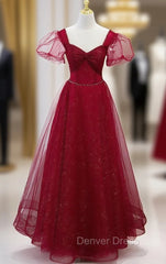 Burgundy Tulle Sequins Square Beading Prom Dresses