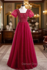 Burgundy Tulle Sequins Square Short Sleeve Prom Dresses