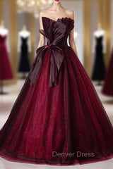 Burgundy Tulle Sequins Strapless Pleats Prom Dresses
