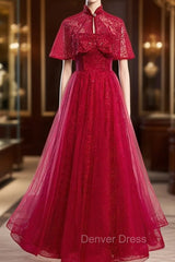 Burgundy Tulle Sequins Strapless Prom Dresses With Shawl