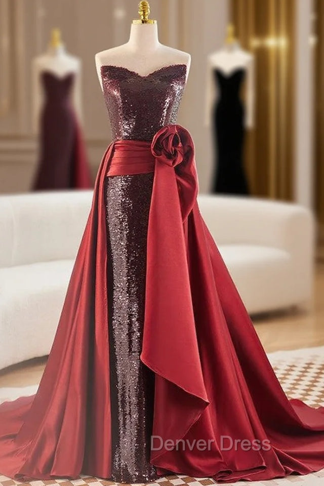 Burgundy Tulle Sequins Strapless Prom Dresses