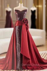 Burgundy Tulle Sequins Strapless Prom Dresses