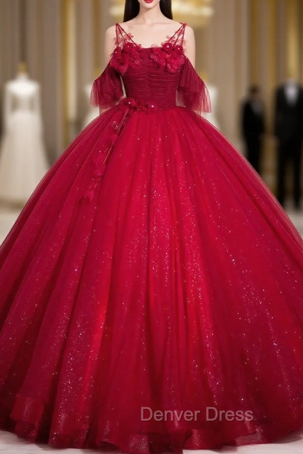 Burgundy Tulle Sequins Straps Flower Quinceanera Dresses Main image