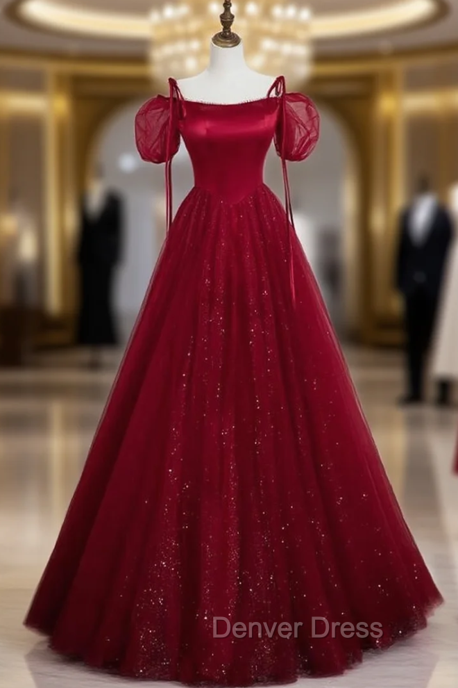 Burgundy Tulle Sequins Straps Puff Sleeve Prom Dresses Main image