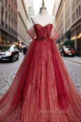 Burgundy Tulle Sequins Sweetheart Prom Dresses