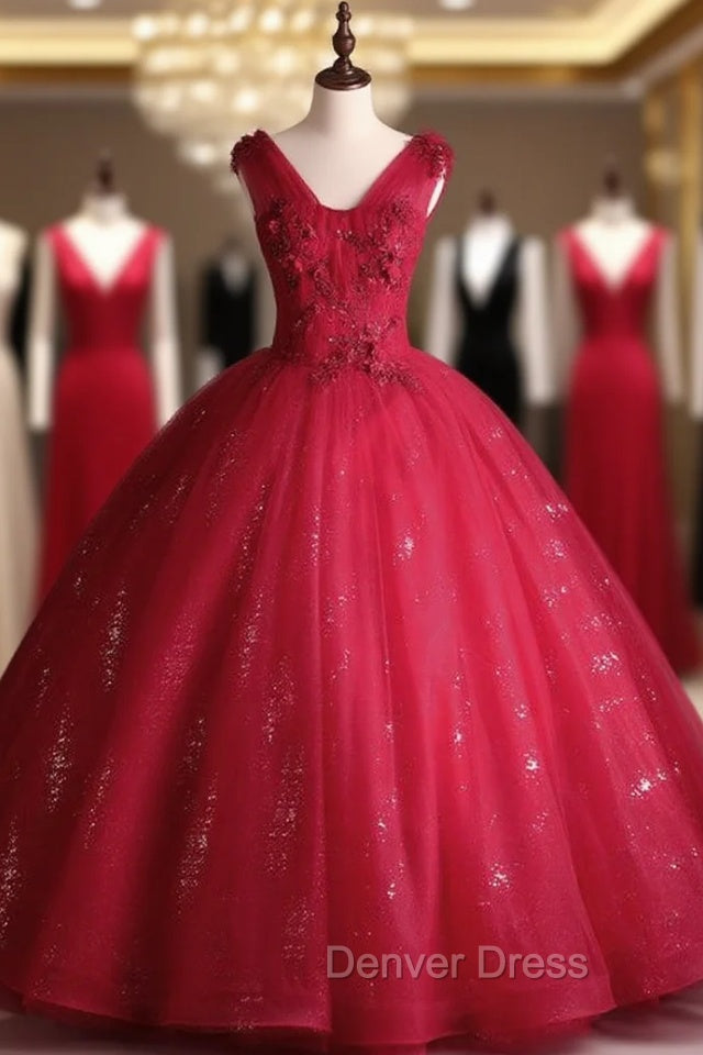Burgundy Tulle Sequins V Neck Appliques Beading Quinceanera Dresses