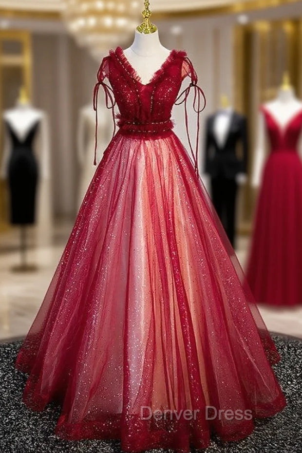 Burgundy Tulle Sequins V Neck Beading Prom Dresses