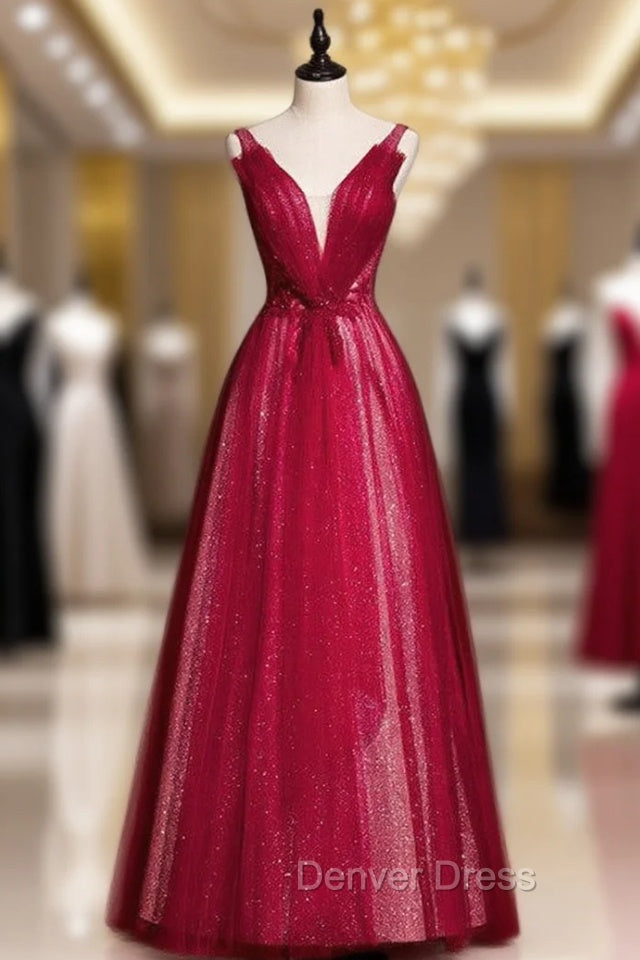 Burgundy Tulle Sequins V Neck Pleats Beading Prom Dresses