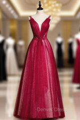 Burgundy Tulle Sequins V-neck Pleats Beading Prom Dresses