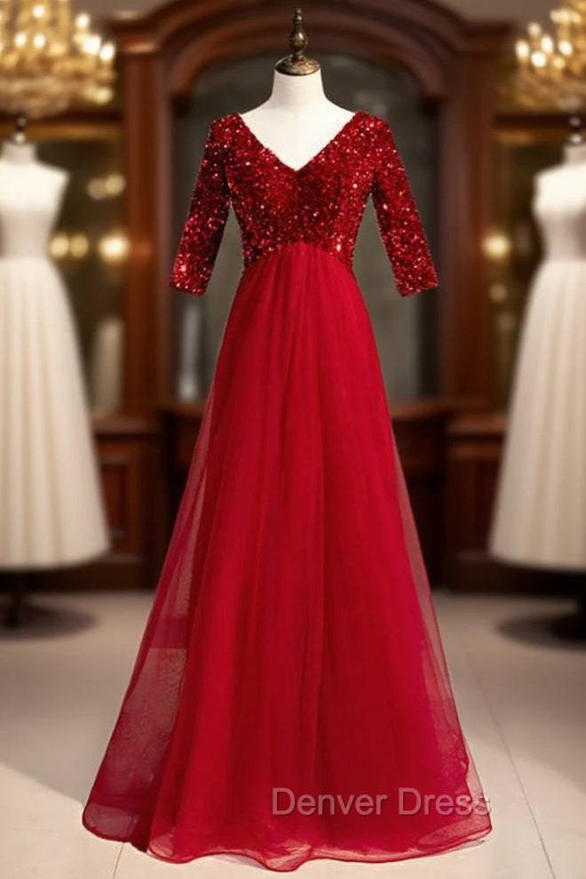 Burgundy Tulle Sequins V-neck Short Sleeve Prom Dresses Main image