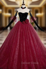 Burgundy Tulle Sequins Velvet Strapless Prom Dresses