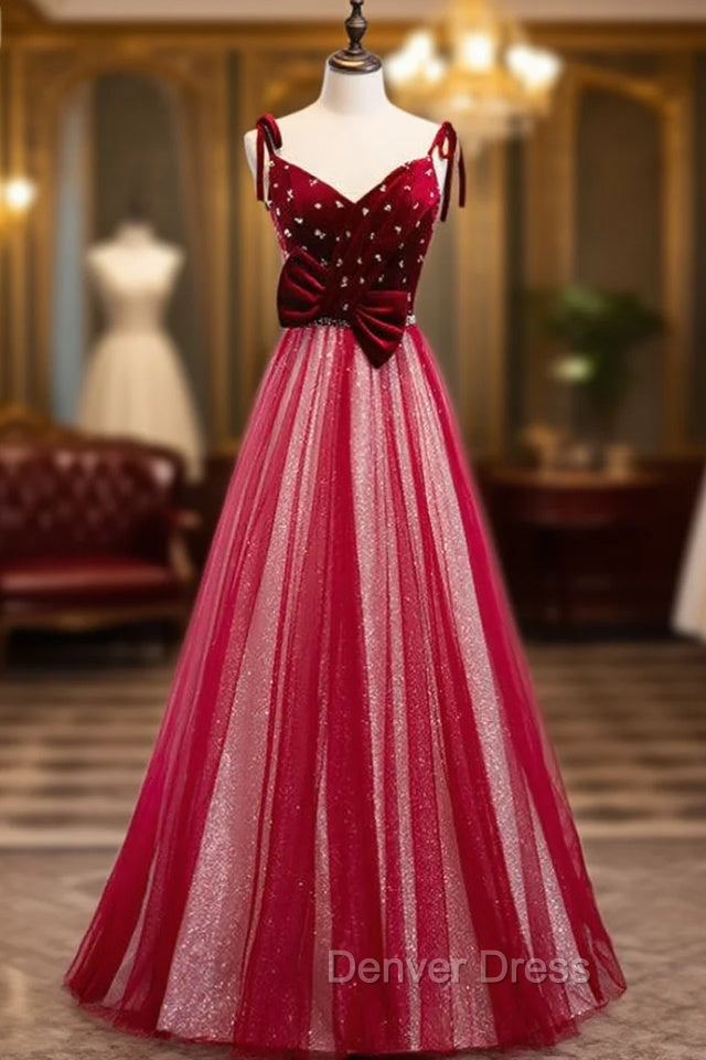 Burgundy Tulle Sequins Velvet V-neck Beading Prom Dresses