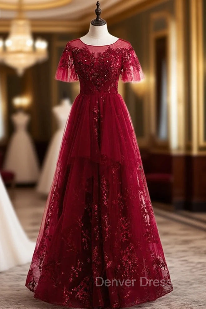 Burgundy Tulle Seuqins Short Sleeve Beading Prom Dresses
