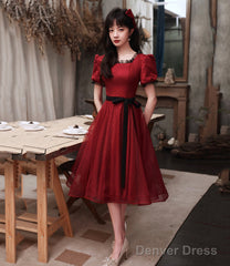Burgundy Tulle Short A Line Dress Homecoming Dress