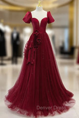 Burgundy Tulle Short Sleeve Backless Pleats Prom Dresses