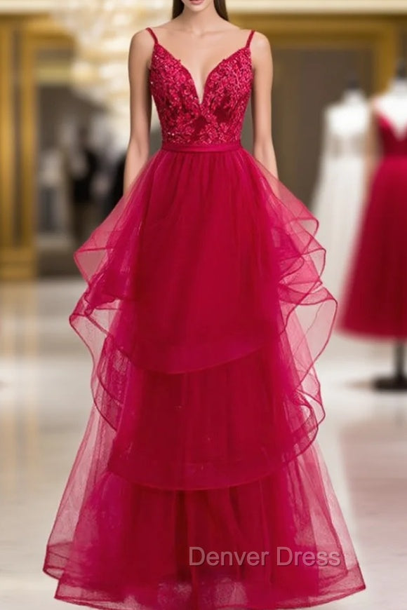 Burgundy Tulle Spagehtti Straps Appliques Beading Prom Dresses