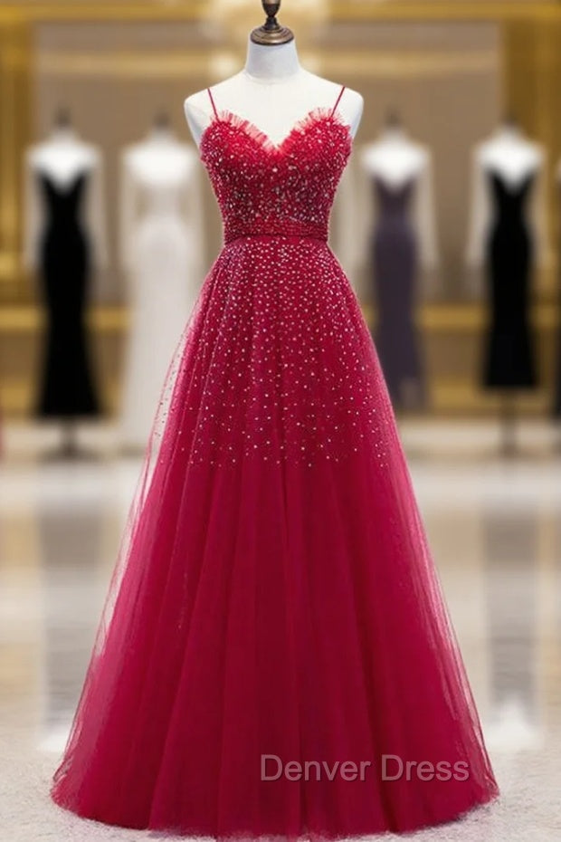 Burgundy Tulle Spagehtti Straps Beading Prom Dresses Main image